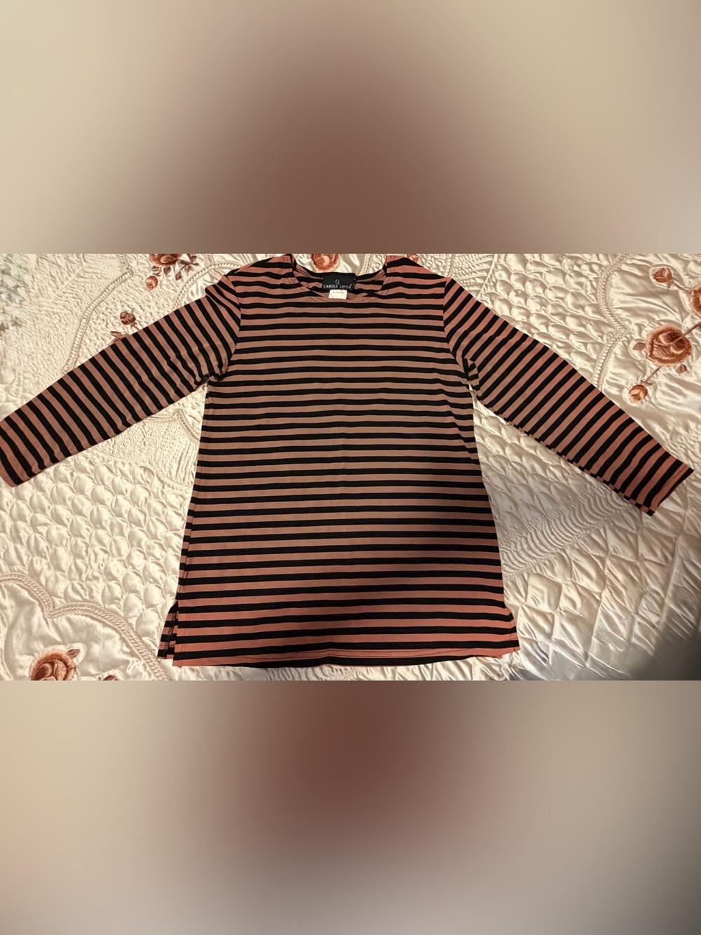 Vintage Carole Little Striped Long Sleeve Tunic Top Pink Black Small